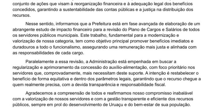 Prefeitura Municipal Uruaçu posta nota de esclarecimento sobre as medidas relativas ao auxílio-alimentação